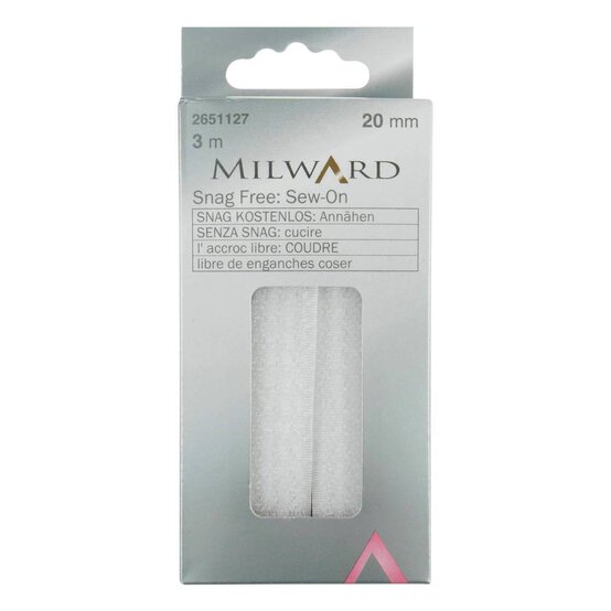 Milward White Snag Free Sew-On Hoop and Loop Tape 20mm x 3m image number 1
