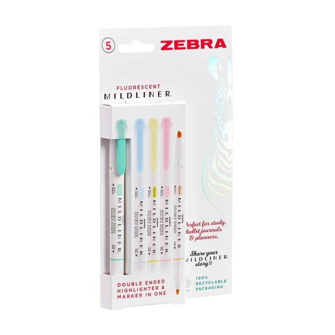 Zebra Pen Mildliner, Double Ended Highlighter, Broad and Fine Tips, Assorted Fluorescent Colors, 5-Pack