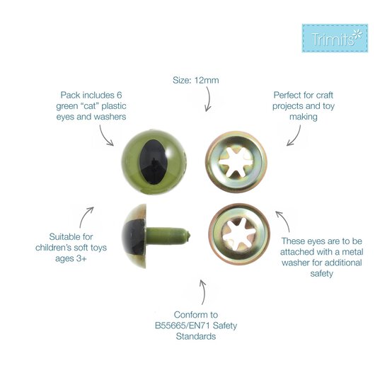 Trimits Green Cat Toy Safety Eyes 12mm 6 Pack image number 2