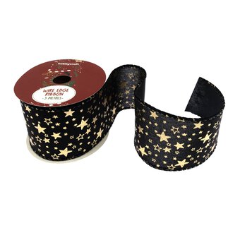 Gold Stars Wire Edge Printed Ribbon 63mm x 3m