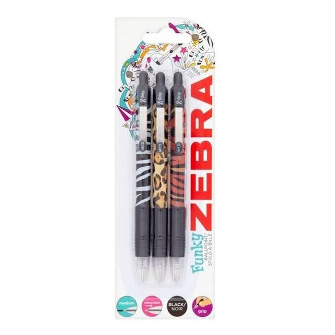 Zebra Black Animal Print Ballpoint Pens 3 Pack Hobbycraft