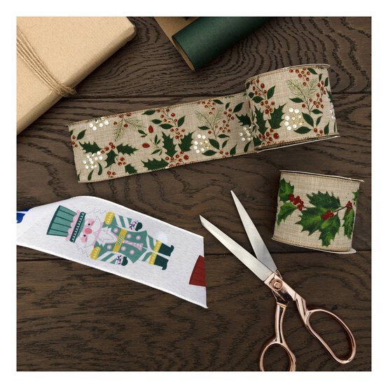 Holly and Mistletoe Wire Edge Printed Ribbon 63mm x 3m image number 3