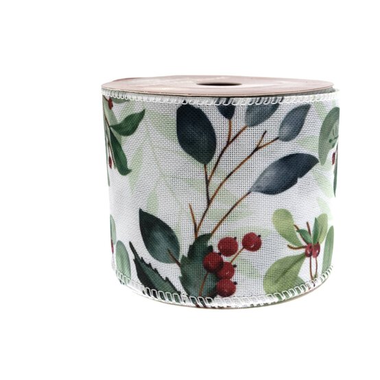 Watercolour Mistletoe Wire Edge Printed Ribbon 63mm x 3m image number 5