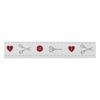 Red and Silver Buttons and Scissors Satin Ribbon 16mm x 4m image number 2