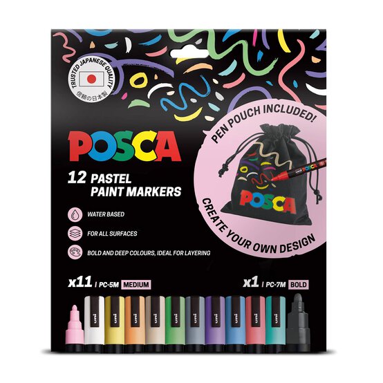 Uni-ball Posca Pastel PC-5M Marker Pens and Pouch 12 Pack image number 1