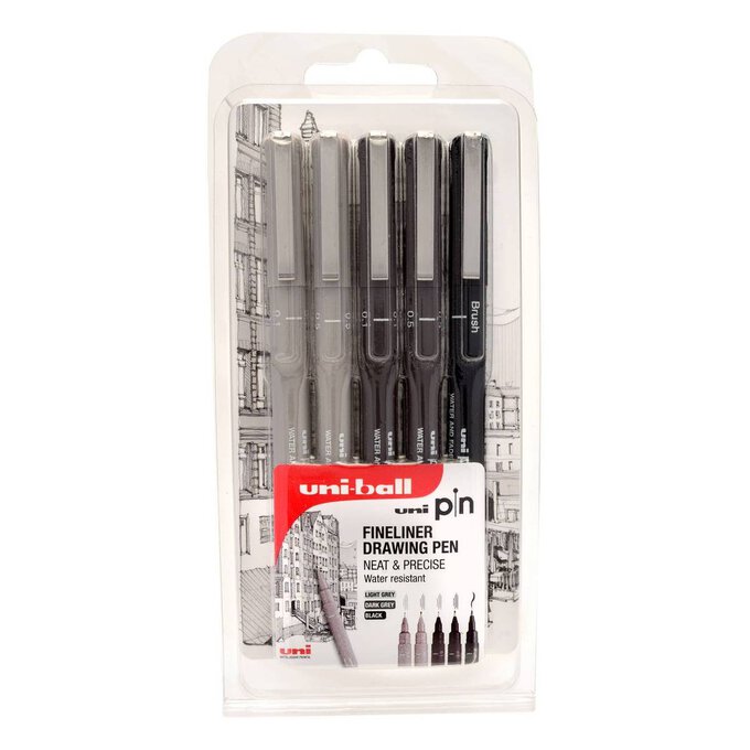 Uni Pin Grey and Black Fineliner Drawing Pens 5 Pack Hobbycraft