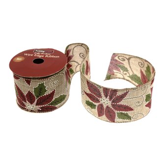 Stitched Poinsettia Wire Edge Printed Ribbon 63mm x 3m