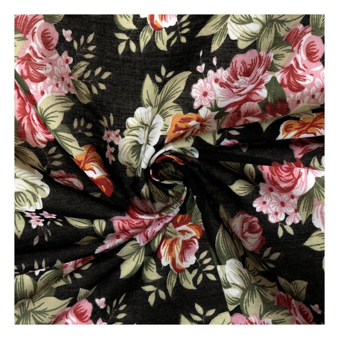 Black Floral Print Polycotton Fabric by the Metre | Hobbycraft