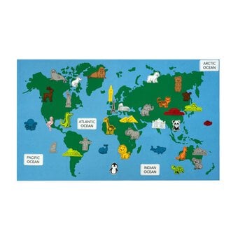 World Map with Felt Characters and Landmarks