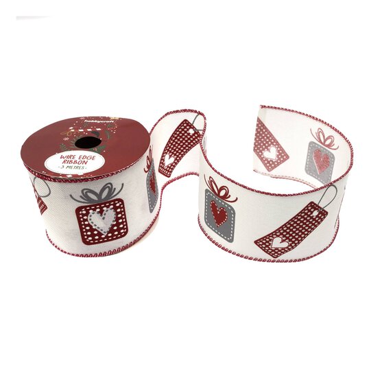 Heart Tag and Gift Wire Edge Printed Ribbon 63mm x 3m image number 1