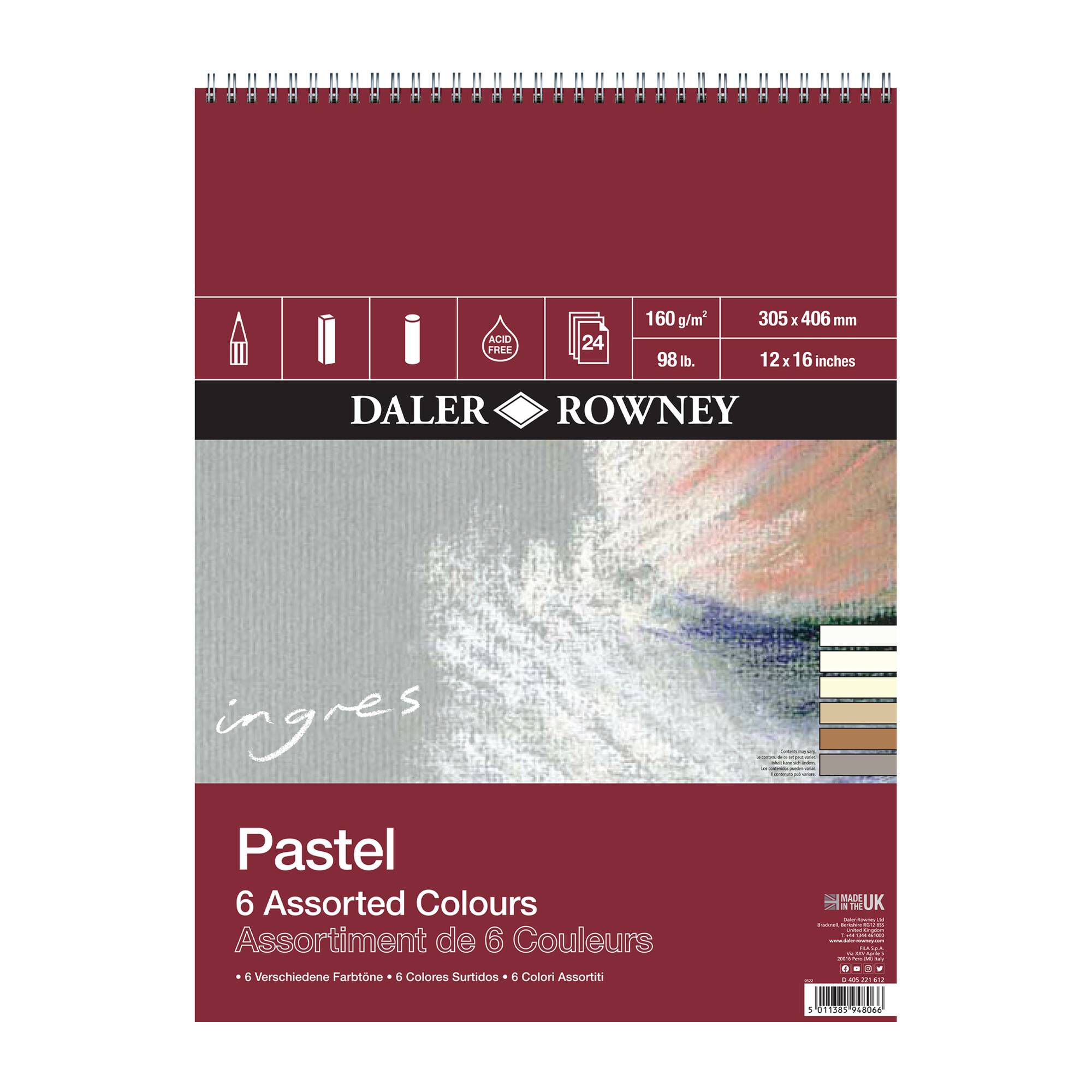 DalerRowney Assorted Ingres Pastel Paper 16 x 12 Inches 24 Sheets
