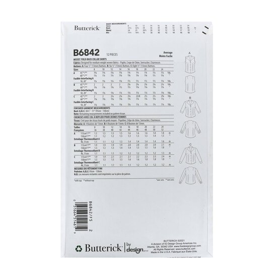 Butterick Women's Shirts Sewing Pattern B6842 (F5 16-24) image number 2