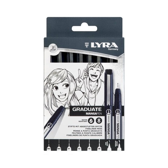 Lyra Graduate Manga Black Fineliner Pens 8 Pack  image number 1