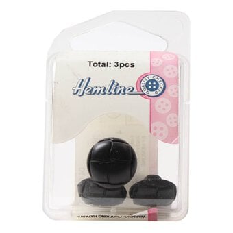 Hemline Black Novelty Faux Leather Button 3 Pack