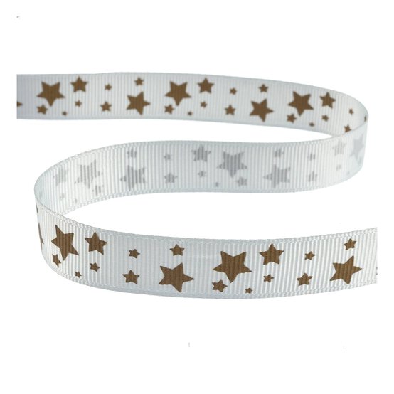 White and Gold Star Printed Ribbon 15mm x 3m image number 2