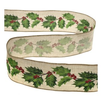 Holly Wire Edge Printed Ribbon 63mm x 3m