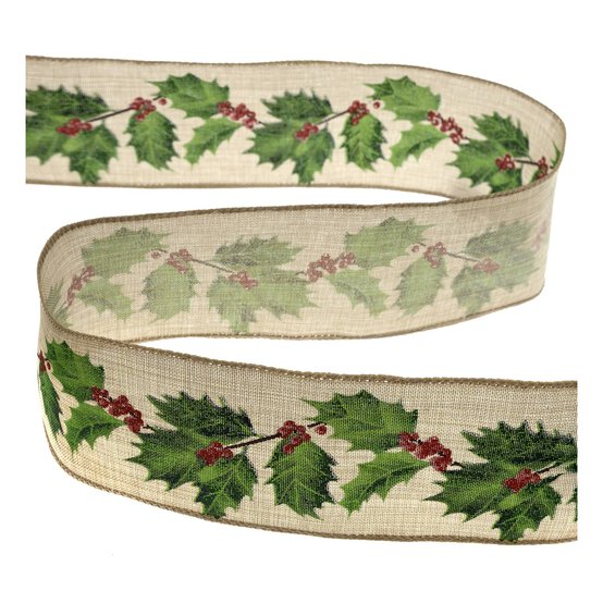 Holly Wire Edge Printed Ribbon 63mm x 3m image number 2