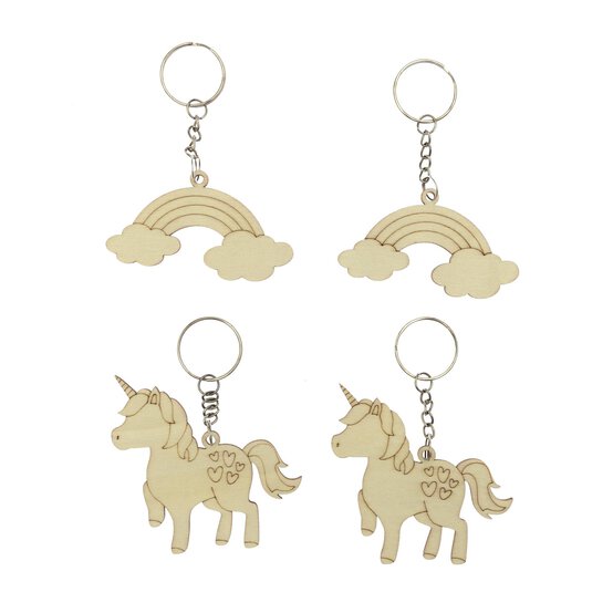 Unicorn and Rainbow Wooden Keyrings 4 Pack image number 1