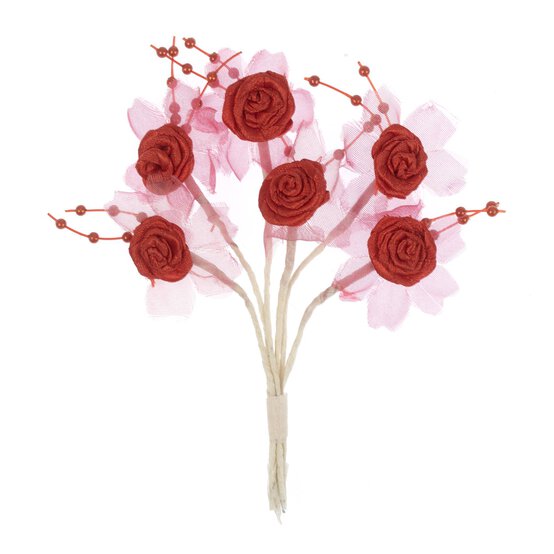 Red Pearl Rose Wired Floral Picks 6 Pieces  image number 1