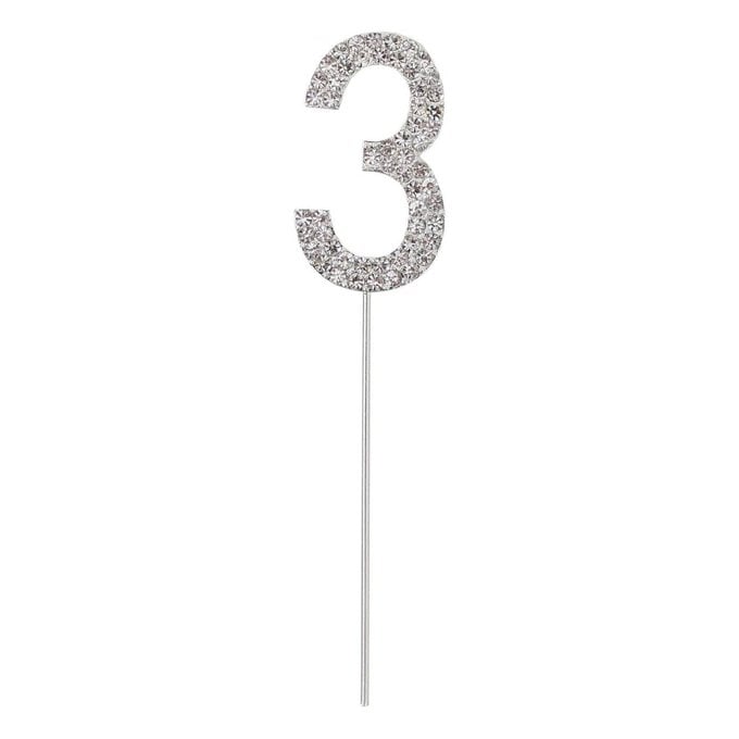 Silver Diamante Number 3 Cake Pick image number 1