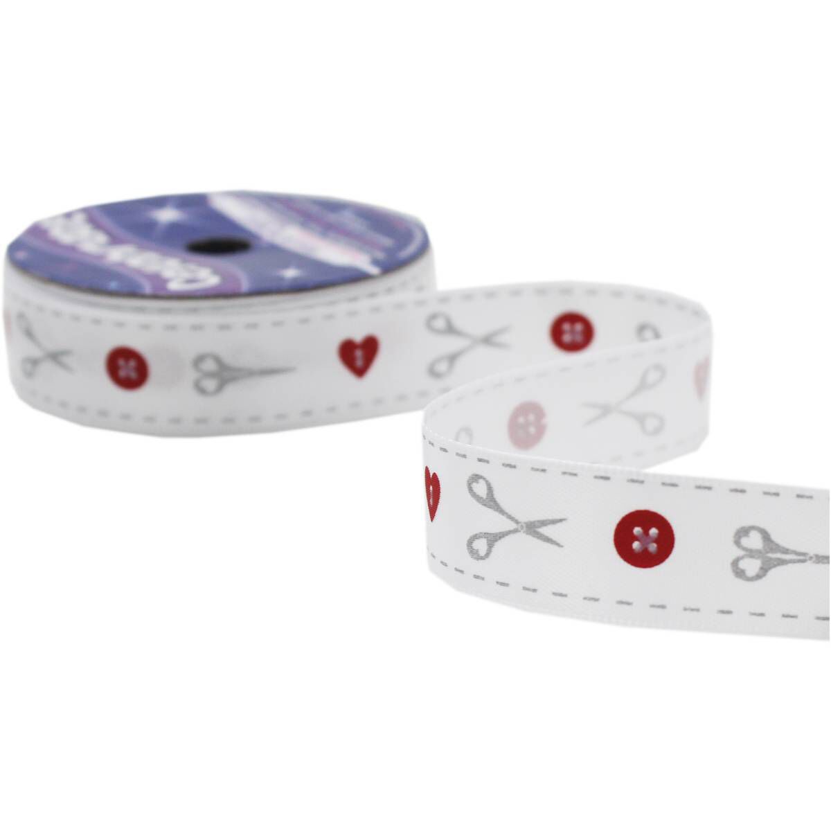Red and Silver Buttons and Scissors Satin Ribbon 16mm x 4m | Hobbycraft