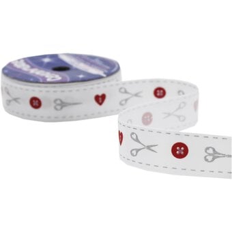 Red and Silver Buttons and Scissors Satin Ribbon 16mm x 4m image number 3