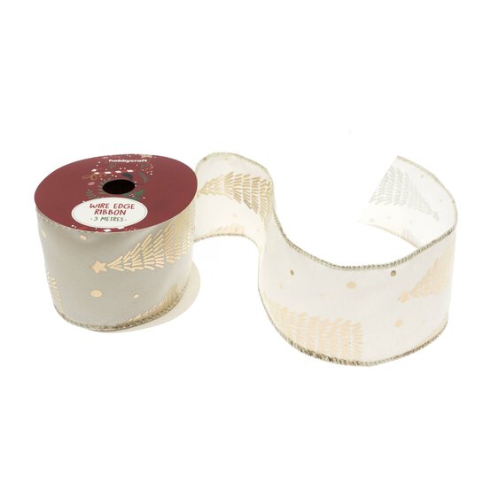 White and Gold Tree Wire Edge Velvet Ribbon 63mm x 3m image number 1