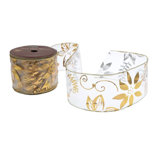 Gold Poinsettia Wire Edge Organza Ribbon 63mm x 3m image number 1