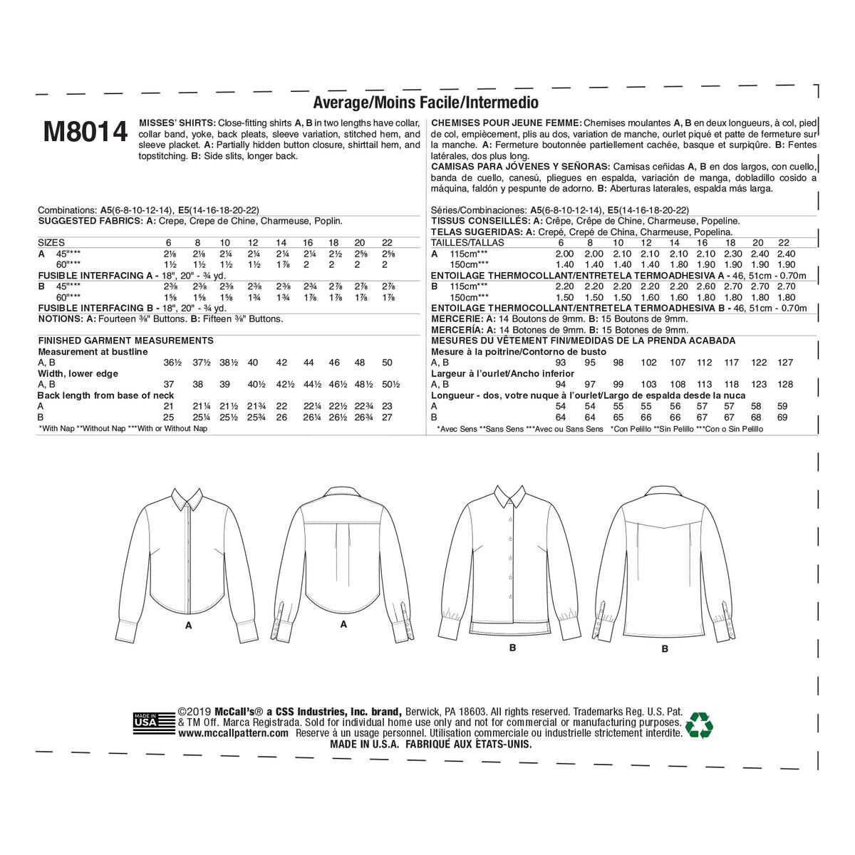 McCall’s Women's Shirt Sewing Pattern M8014 (6-14) | Hobbycraft