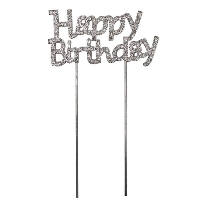 Silver Happy Birthday Diamante Cake Pick image number 1