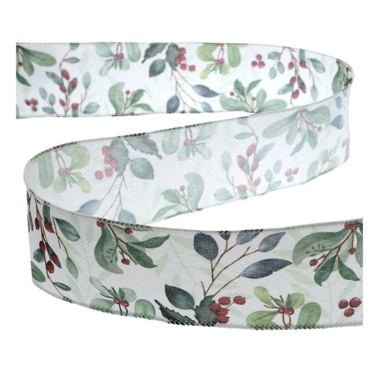 Watercolour Mistletoe Wire Edge Printed Ribbon 63mm x 3m image number 2