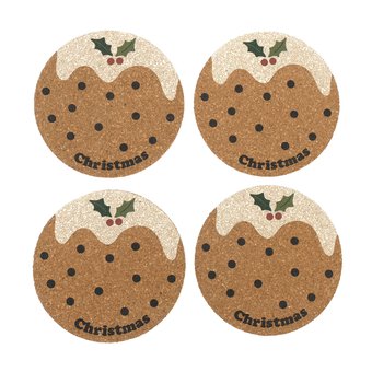 Christmas Pudding Cork Coaster Mats 4 Pack 