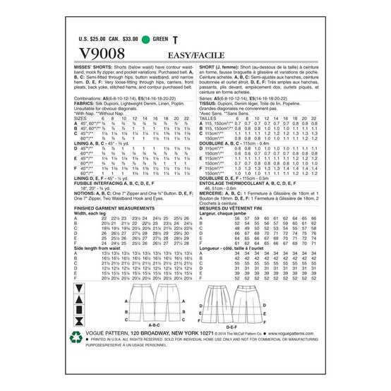 Vogue Women&rsquo;s Shorts Sewing Pattern V9008 (14-22) image number 1