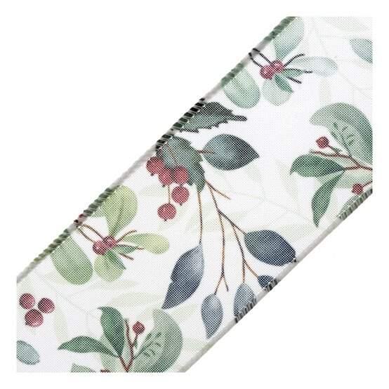 Watercolour Mistletoe Wire Edge Printed Ribbon 63mm x 3m image number 4