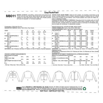 McCall's Women's Jacket  Sewing Pattern M8011 (Y XS-M)