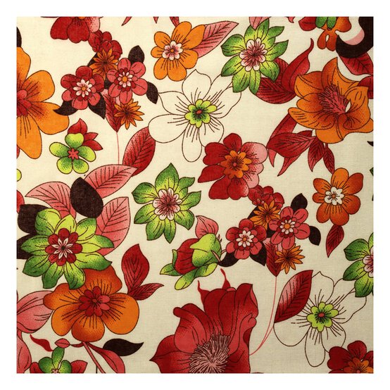 Red Hibiscus Print Linen Look Fabric by the Metre image number 2