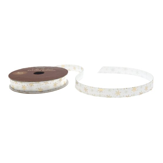 White and Gold Snowflake Printed Ribbon 10mm x 3m image number 1