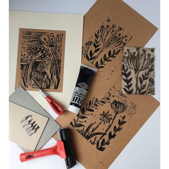  ESSDEE Block Printing Essentials Kit Includes 2 Ink Rollers, 3  Lino Cutters, Lino Handle, Printing Ink and Carving Block, Used in Art,  Craft and Carving Stamps