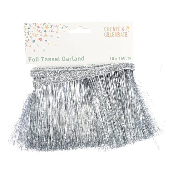 Create & Celebrate Silver Foil Tassel Fringe Garland 1.6m image number 4