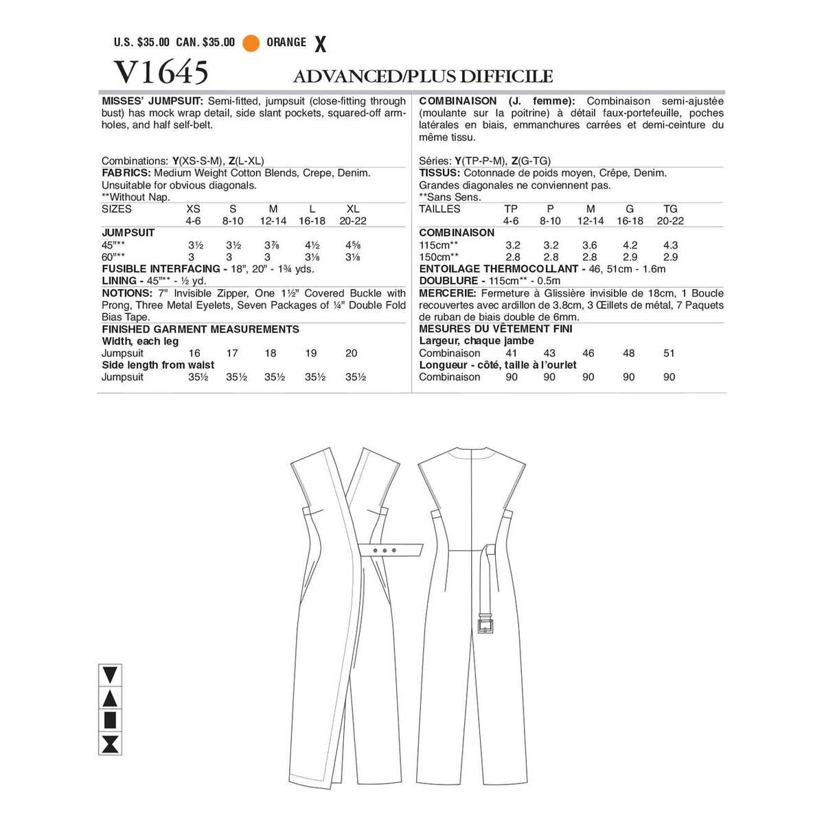 Vogue Women’s Jumpsuit Sewing Pattern V1645 (XSM) Hobbycraft