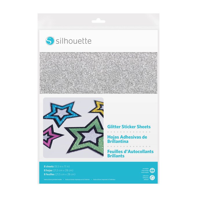 Silhouette Silver Glitter Sticker Sheets 8.5 x 11 Inches 8 Pack  image number 1