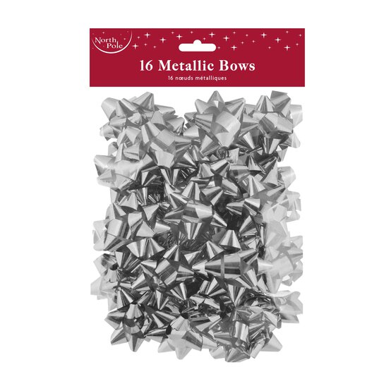 Metallic Silver Bows 16 Pack image number 1