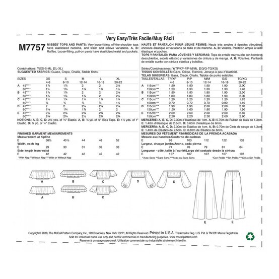 McCall's Women's Top and Trousers  Sewing Pattern M7757 (Z L-XL) image number 2