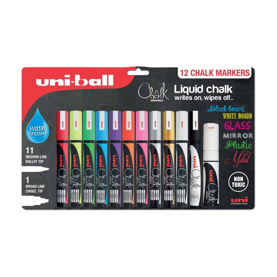 Uni-Ball Green Pink And Red Pack Of 12 Liquid Chalk Marker Pens : 23X26x2.5cm