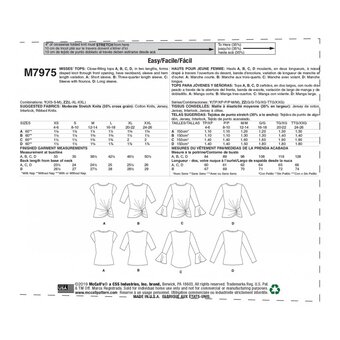 McCall's Women's Tops  Sewing Pattern M7975 (Y XS-M)