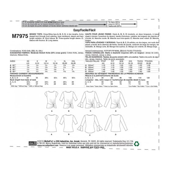 McCall's Women's Tops  Sewing Pattern M7975 (Y XS-M) image number 1