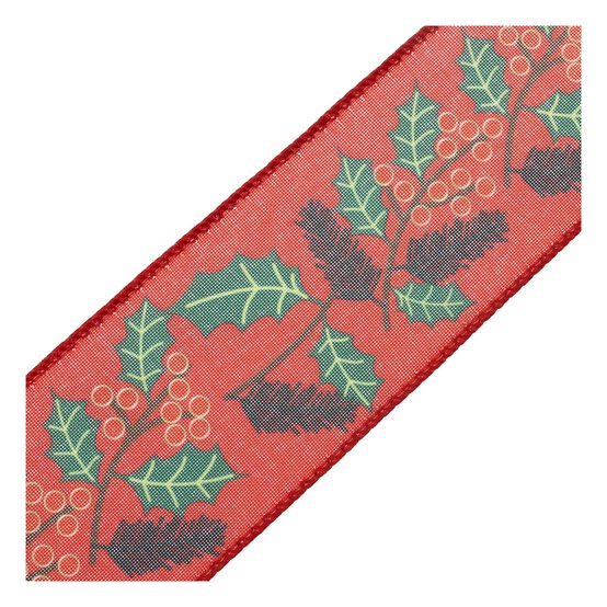 Holly and Berries Wire Edge Printed Ribbon 63mm x 3m image number 3