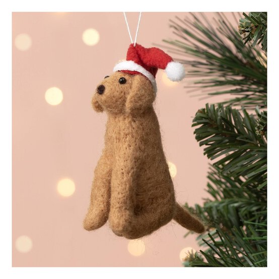 Hanging Felted Dog in Santa Hat Decoration 8.5cm image number 1