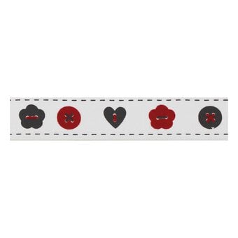 Red and Grey Buttons Satin Ribbon 16mm x 4m
