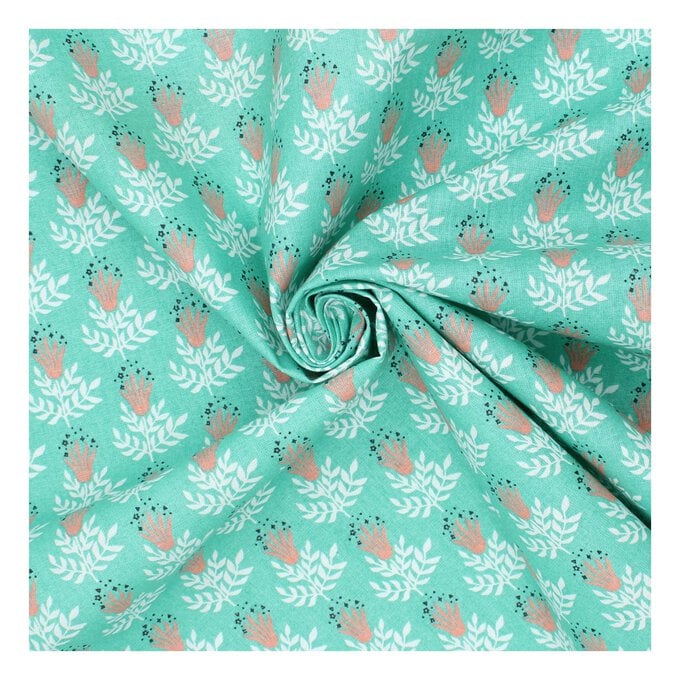 Rise and Shine Floral Turquoise Cotton Fabric by the Metre image number 1